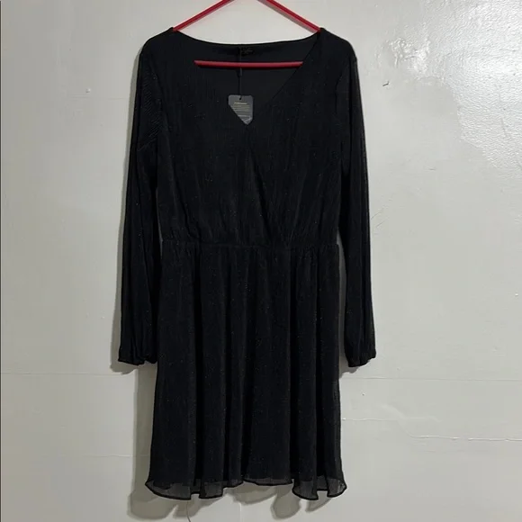 NWT Black Glitter Plissé Mini Dress V-Neck Long Sleeve Metallic Sparkle large - Picture 2 of 13